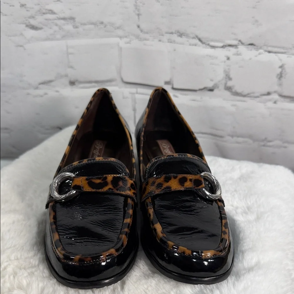 Brighton Actor patent leather loafers in‎ black with leopard print trim EUC